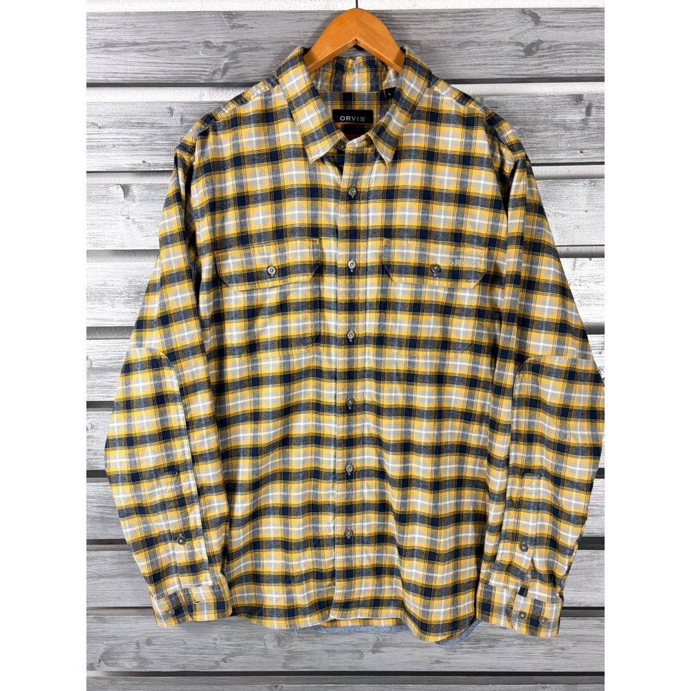 Orvis Mens Active Fit Plaid Flannel Shirt Yellow Blue Large L Long Sleeve EUC